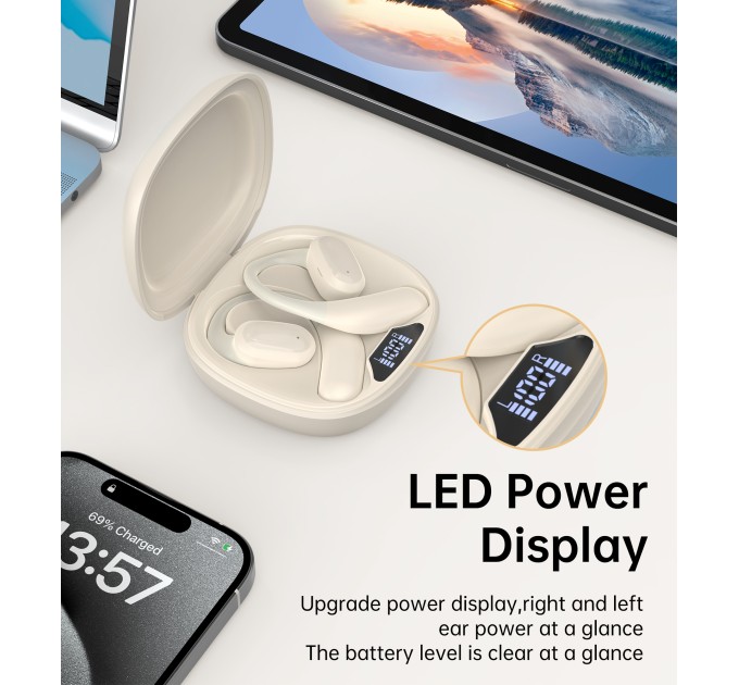 Навушники бездротові Open-ear з LED дисплеєм світло-бежеві Choetech (BH-T25-SK)