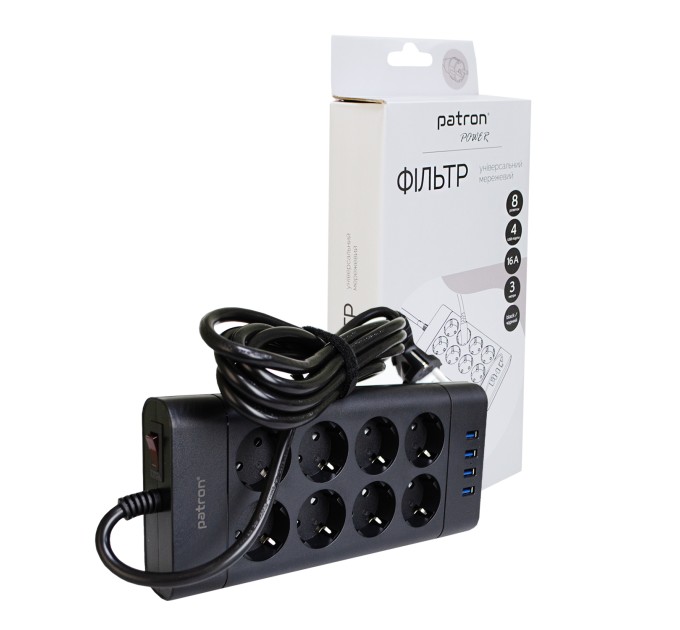 Фільтр мережевий 8 розеток + 4 х USB, 3 м, 16 А, 250 В, чорний Patron Power (SP-1683-USB)