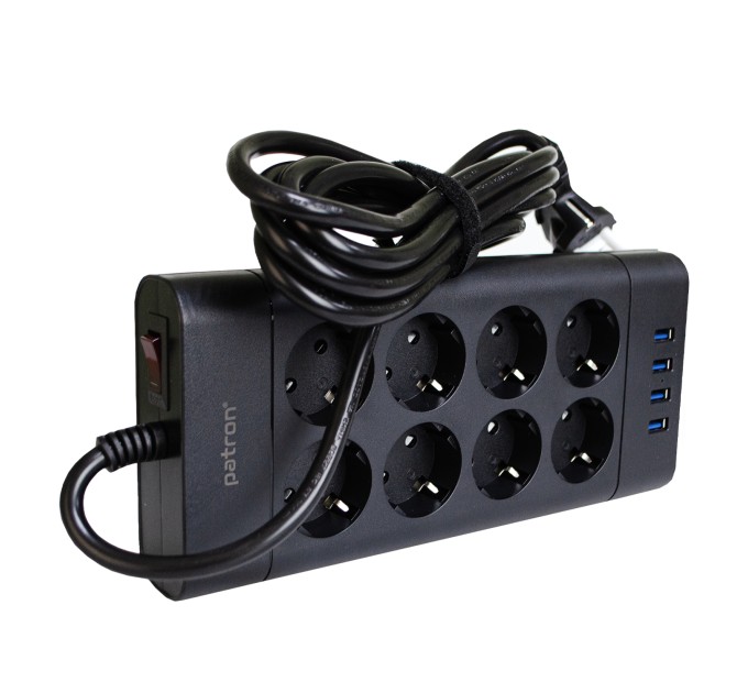 Фільтр мережевий 8 розеток + 4 х USB, 3 м, 16 А, 250 В, чорний Patron Power (SP-1683-USB)