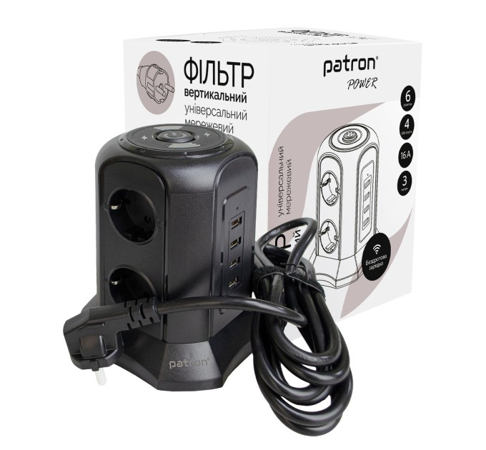 Фільтр мережевий 6 розеток + 4 х USB та бездротова зарядка, вежа, 3 м, 16 А, 250 В, чорний Patron Power (SP-1663-USBTW)