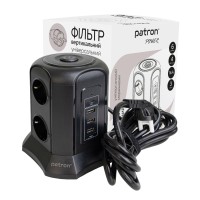 Фільтр мережевий 6 розеток + 3 х USB, 1 х USB-C, вежа, 3 м, 16 А, 250 В, чорний Patron Power (SP-1663-USBT)