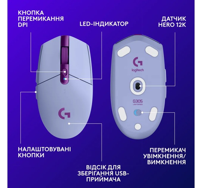 Миша бездротова G305 Lightspeed, лілова Logitech (910-006022)