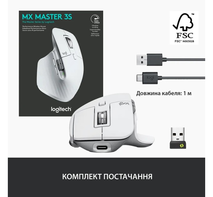 Миша бездротова MX Master 3S Performance, світло-сіра Logitech (910-006560)