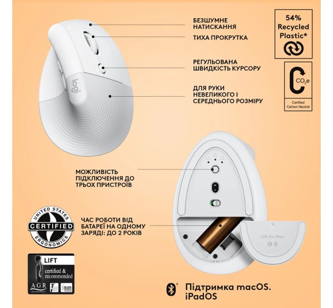Миша бездротова Lift для Mac Vertical Ergonomic, біла Logitech (910-006477)