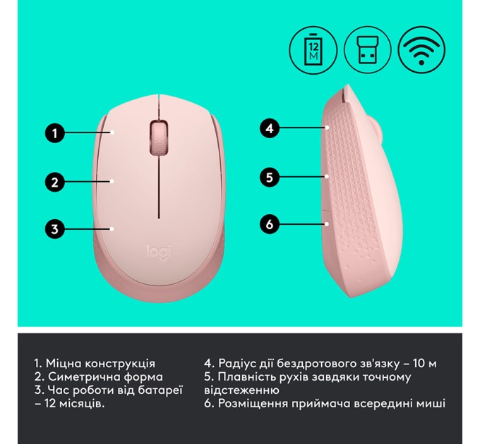 Миша бездротова M171, рожева Logitech (910-006865)