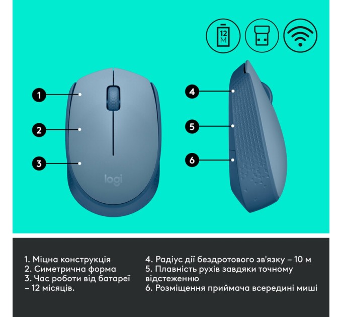 Миша бездротова M171, блакитна Logitech (910-006866)