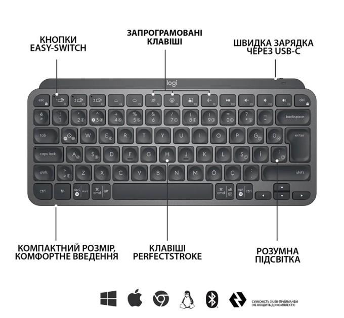 Клавіатура бездротова MX Keys Mini Illuminated, UA, графітова Logitech (920-010498)