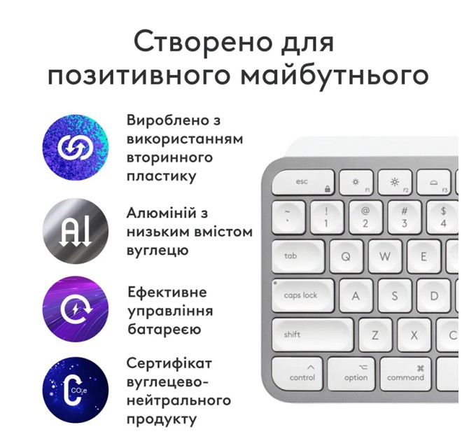 Клавіатура бездротова MX Keys S для Mac, UA, світло-сіра Logitech (920-011638)