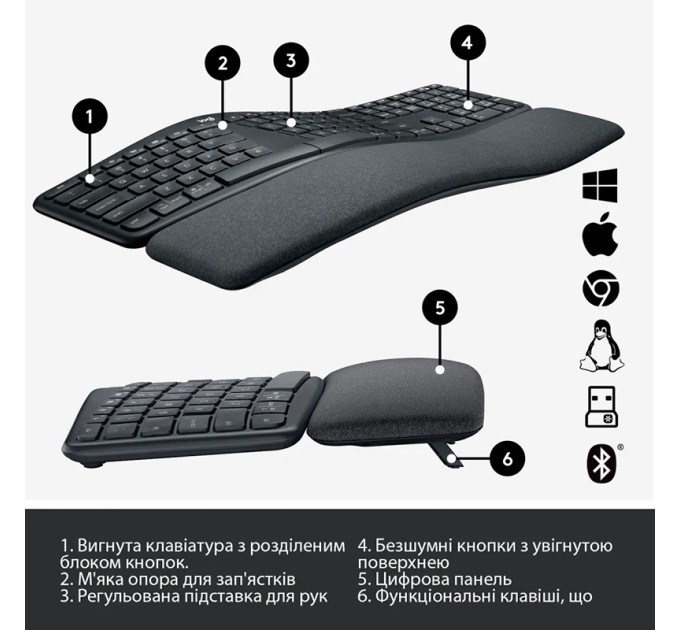 Клавіатура бездротова Ergo K860, UA, чорна Logitech (920-010108)
