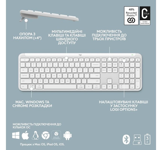 Клавіатура бездротова K950, UA, біла Logitech (920-012466)