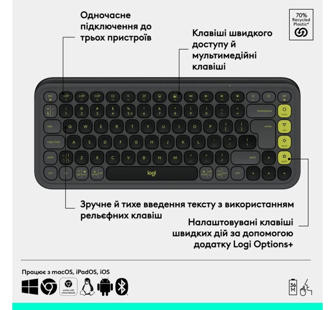 Клавіатура бездротова POP Icon Keys, UA, графітова Logitech (920-013157)