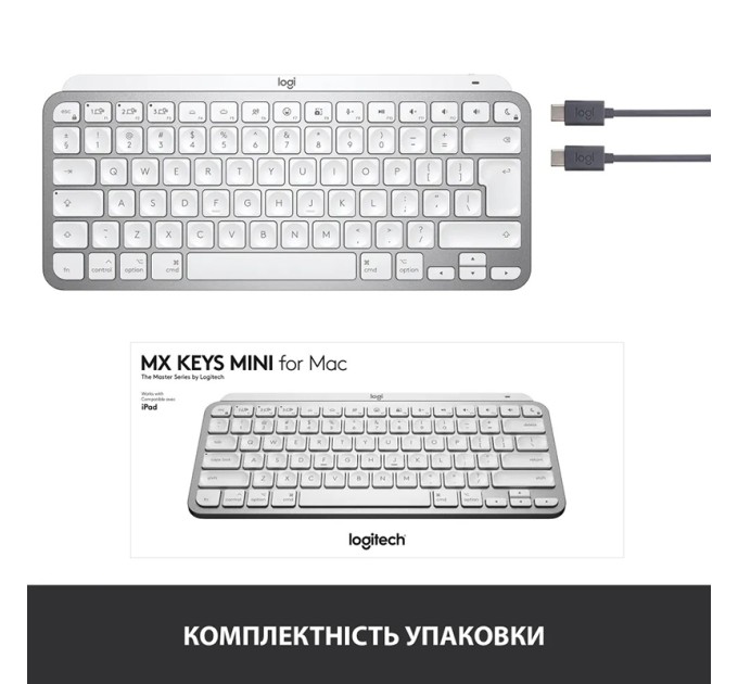 Клавіатура бездротова MX Keys Mini для Mac Illuminated, UA, світло-сіра Logitech (920-010526)