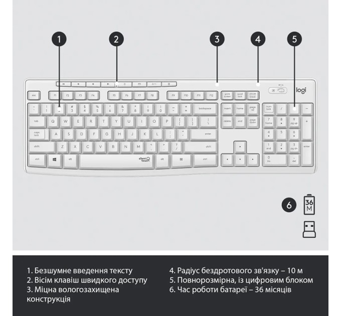 Комплект клавіатура та миша бездротовий MK295 Silent Combo, UA, білий Logitech (920-009824)