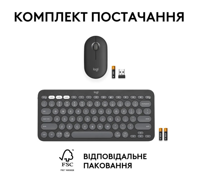 Комплект клавіатура та миша бездротовий Pebble 2 Combo, UA, графітовий Logitech (920-012239)