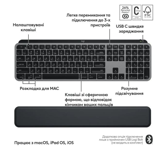 Комплект клавіатура та  миша бездротовий WL/BT MX Keys S Combo для Mac, UA, Space Grey Logitech (920-012845)