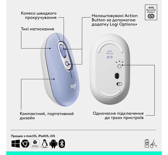 Комплект клавіатура та миша бездротовий POP Icon Combo, UA, ліловий Logitech (920-013078)
